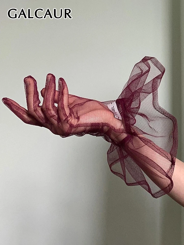 

GALCAUR Patchwork Sheer Mesh Gloves For Women Patchwork Mesh Solid Minimalist Loose Gloves Female Autumn Fashion Accessories New