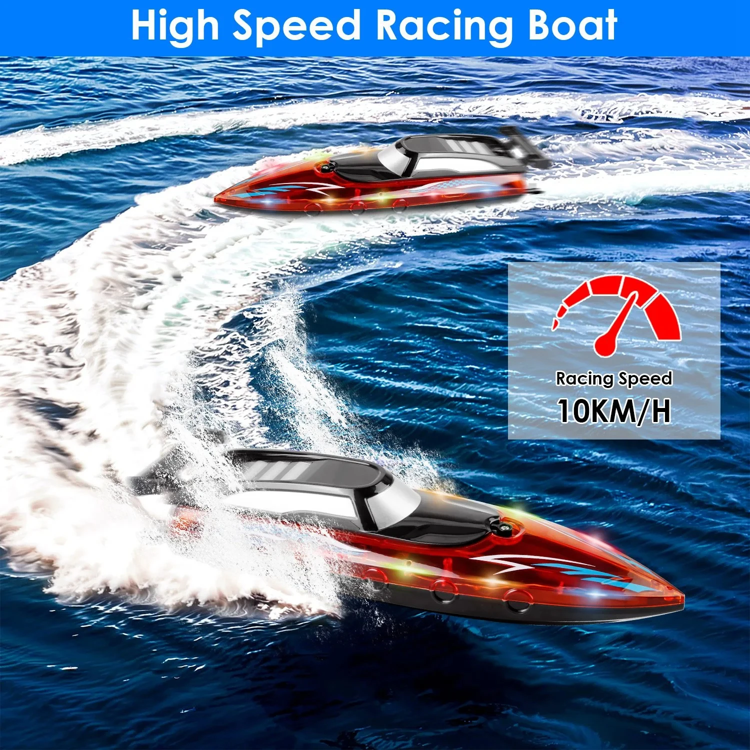 Bateau radiocommandé rapide 2.4GHz avec télécommande, jouet étanche pour enfants.
