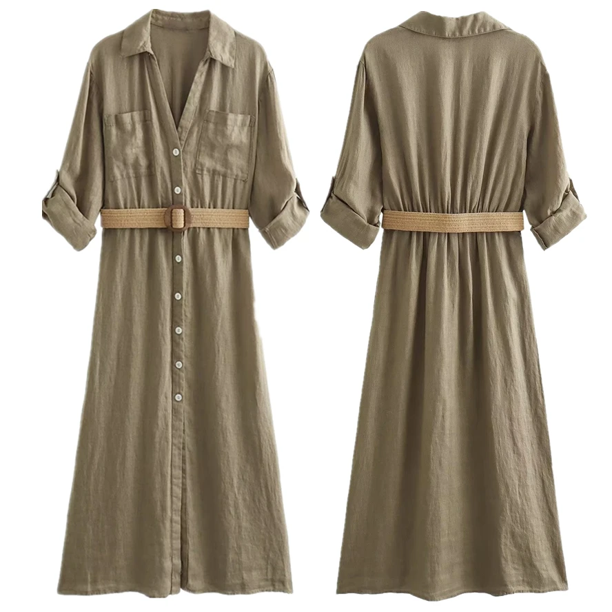 

Maxdutti 2023 Autumn French Fashion Midi Shirt Dress Office Ladies Cotton Linen Dress Retro Casual with Belt Women