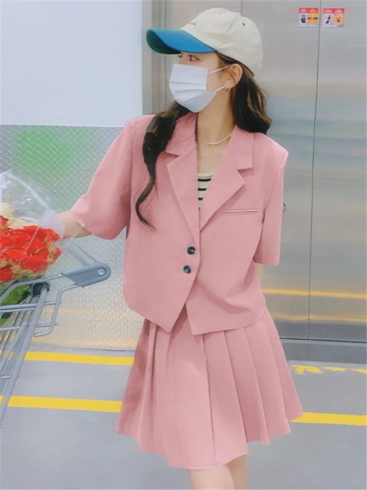

Blazer and Skirt Set Two Piece Suits 2022 Summer Women Elegant Preppy Style Short Sleeve Coat Jacket Mini Pleated Skirts 2326