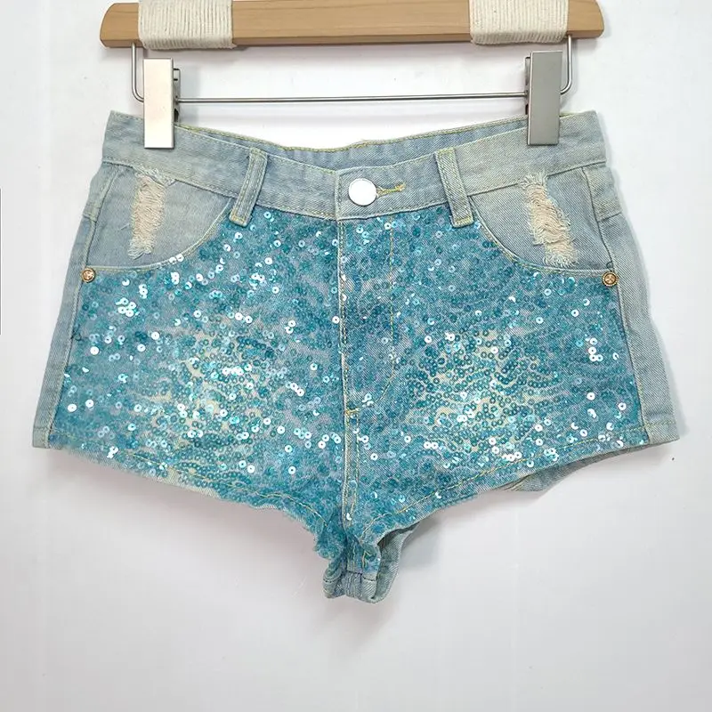 Glossy Blue Denim Glitter Women's Sexy Party Club Shorts Dance Stage Sequin Slim Bottoms