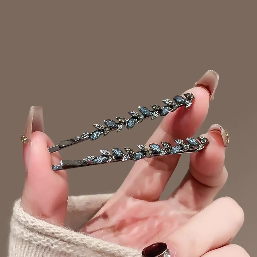 2 Teile/satz Exquisite Strass Glasur Blatt Haarnadel Nette und Süße frauen Pony Seite Clip Einfache Koreanische Stil Haar Zubehör – Detail 2