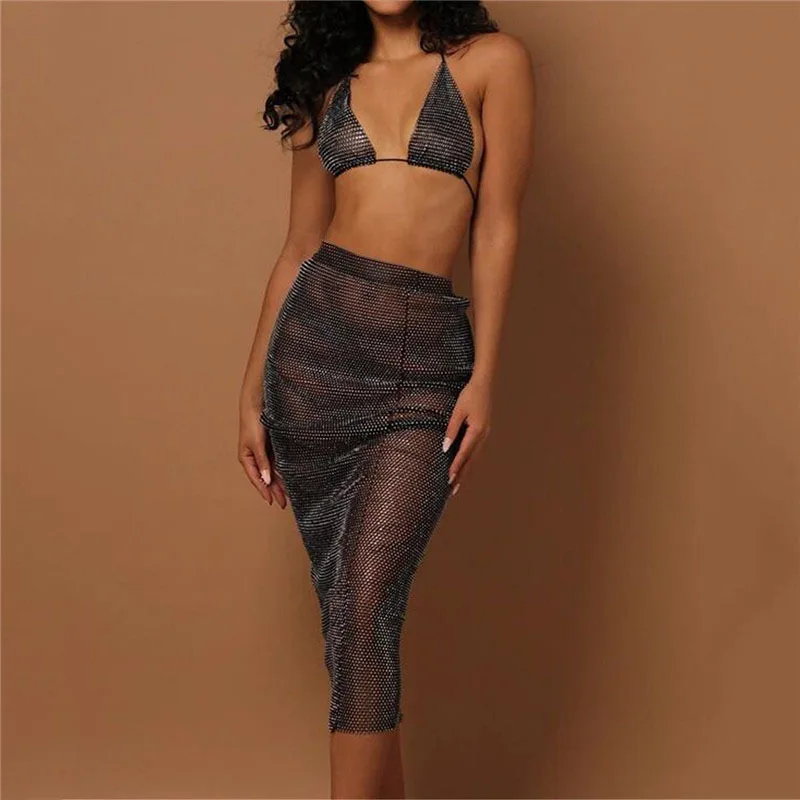

Sexy Sheer Luxury Shiny Rhinestone Mesh Bikini Festival Outfits Two Piece Sets Women Night Club Party Diamonds Slim Skirt Sets