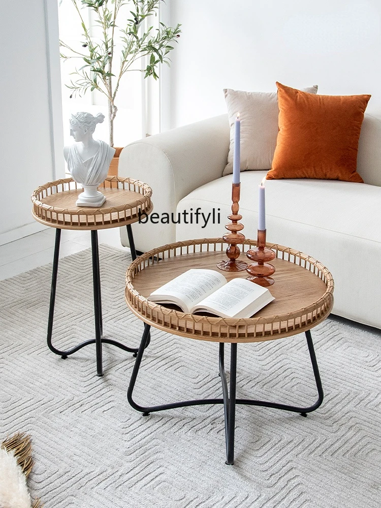 

zq Japanese Style Rattan Tea Table round B & B Personality Sofa Side Table Retro Living Room Table