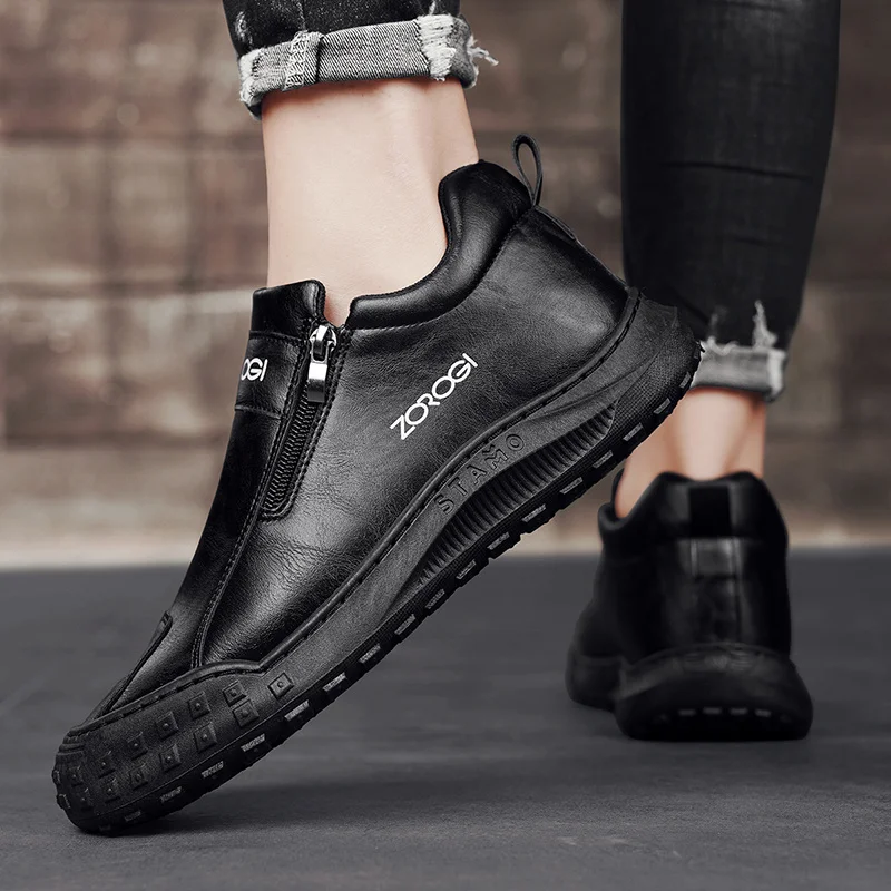 Spring Hot Sale Outdoor Casual Shoes Men Fashion Mid-top Work Shoes Men Zipper Sports Shoes Comfort Driving Loafers Men Sneakers 5