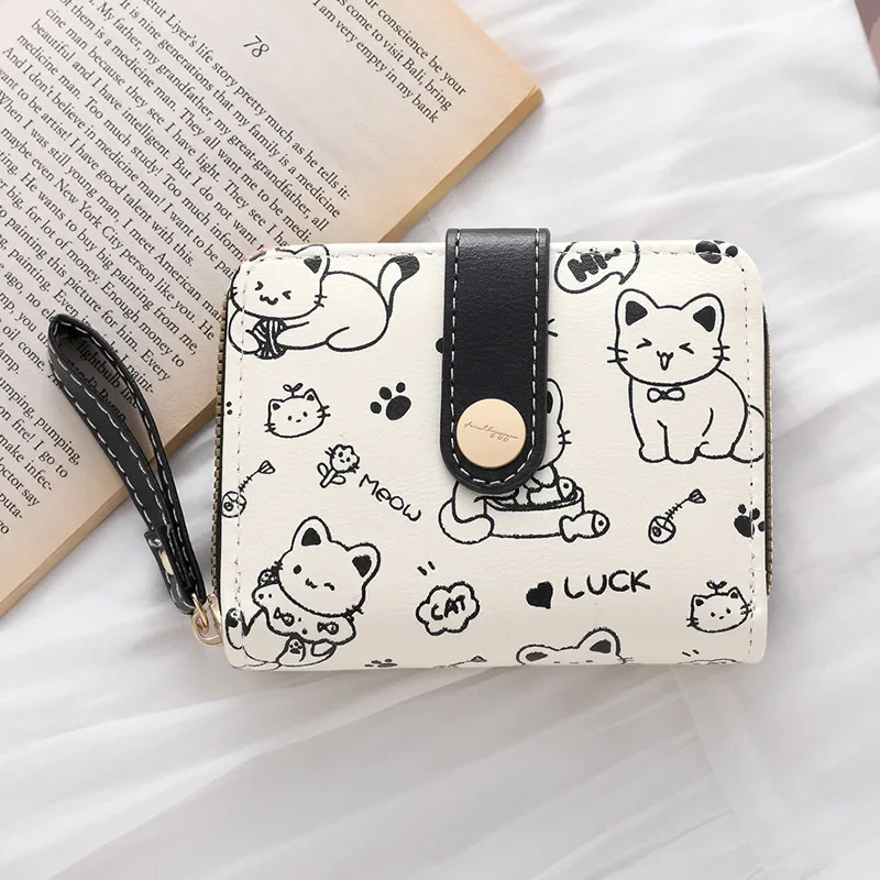 Cute Cat Coin Purse Women Fashion Short Wallet PU Leather Large Capacity Wallet Lightweight ID Card Holder Travel Cash Coin Bag