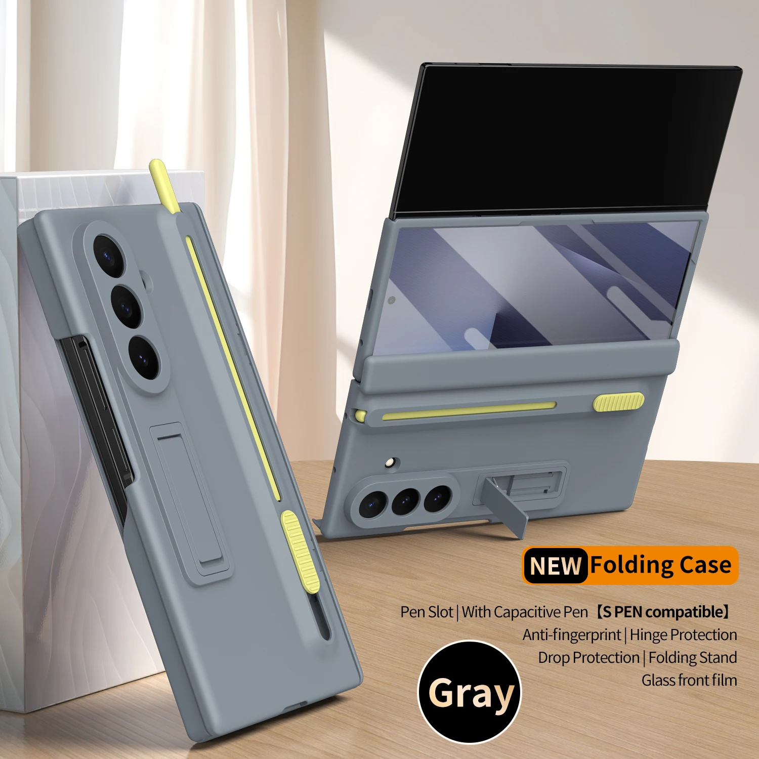 Matte Plastic Shockproof Case with Glass Protector, Stylus Pen Slot, and Kickstand Holder