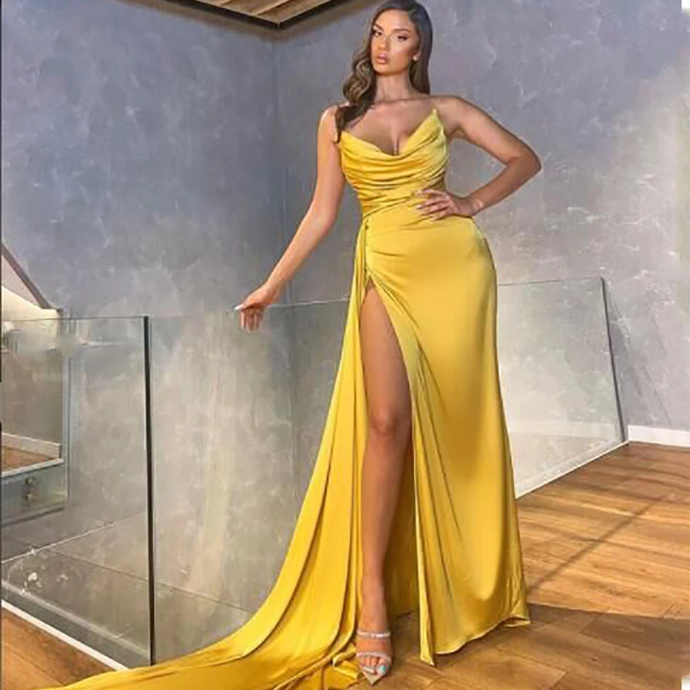 

Meetlove Sexy High Side Split Evening Dresses 2023 Strapless Mermaid Soft Stain Prom Gowns Sleeveless Backless Party Dress