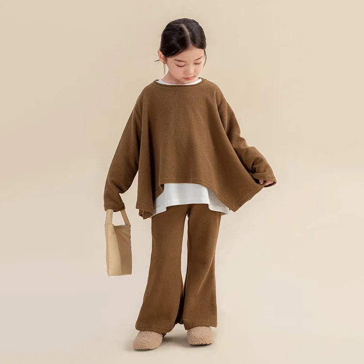 

Korean Spring Autumn Junior Girl 2-Piece Sets Schookl Girl Irregular Long Sleeve Tops+Wide-leg Pants Sets Girls From 4-12Yrs