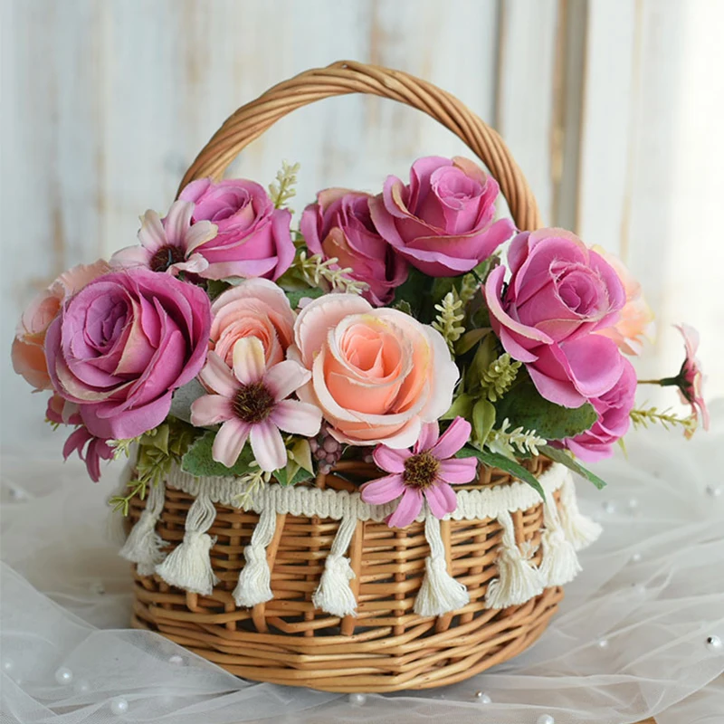 

1pc Natural Rattan Hand Woven Flower Basket Exquisite Wedding Decorations Storage Basket Wicker Flower Pot With Tassels Decor