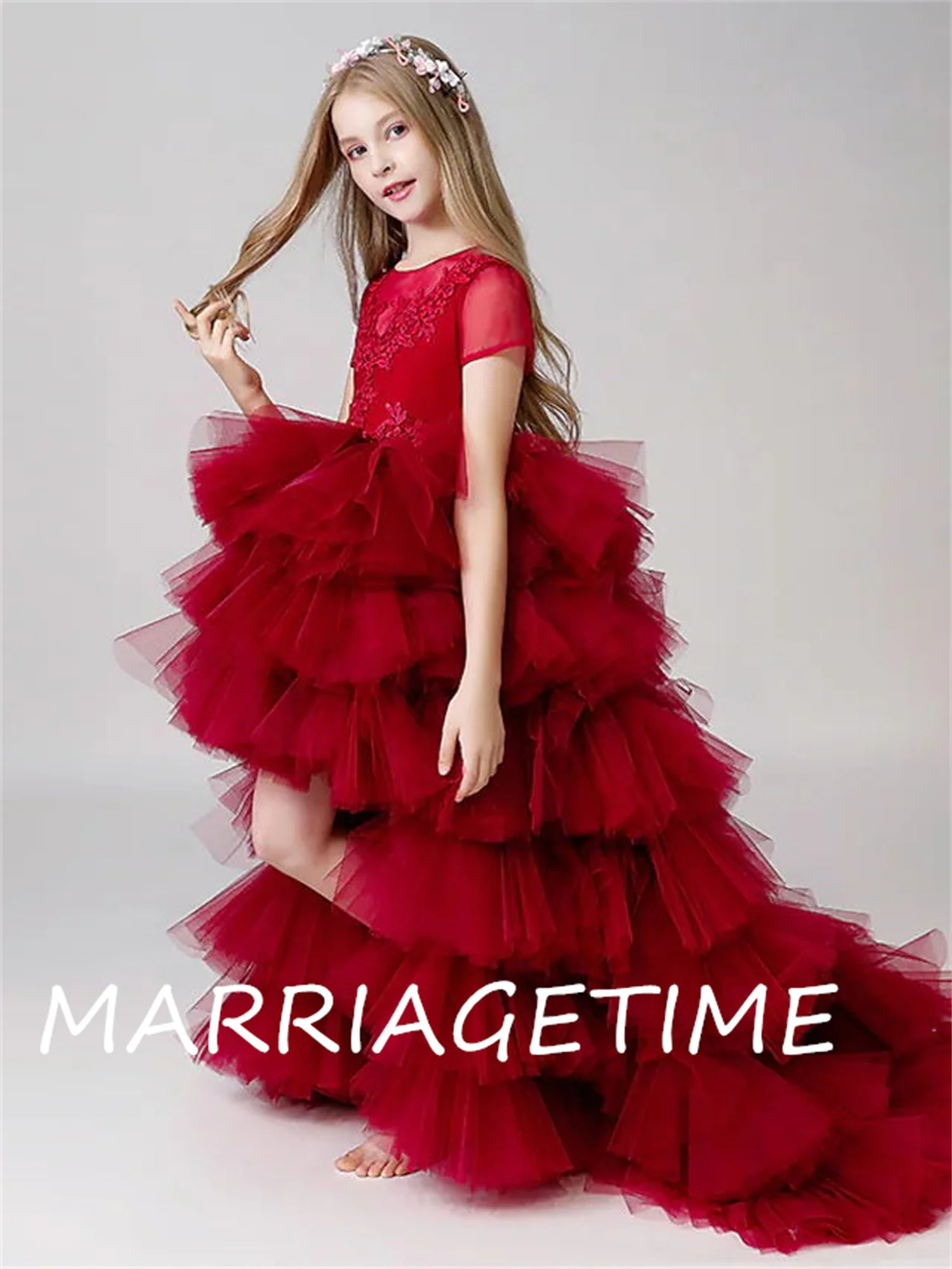 

Fluffy Flower Girl Dress Kids Princess Lace Tea Length Wedding Fold Sweetheart Tulle Short Sleeve Prom Dresses Red High/Low