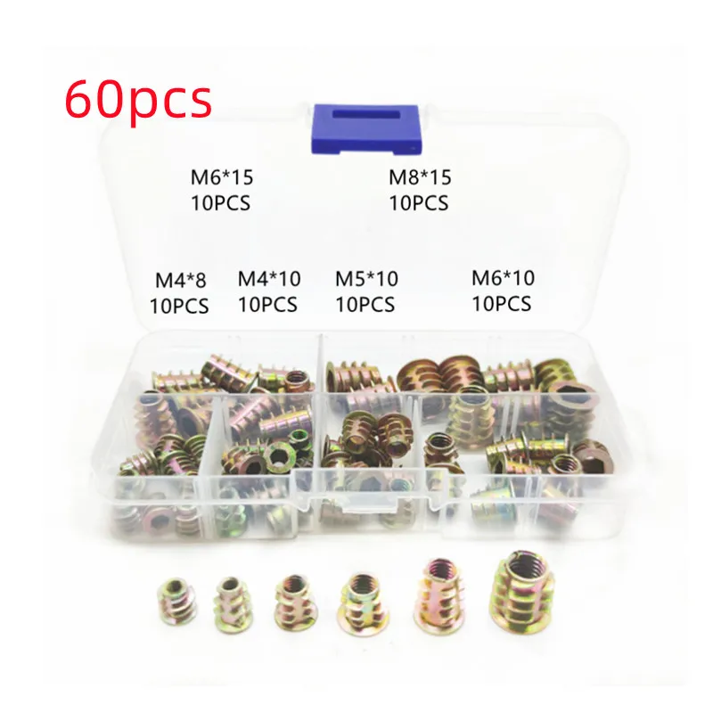 

60PCS Assorted Flanged Hex Drive Head Furniture Nuts M4 M5 M6 M8 Zinc alloyl Thread For Wood Insert Nut Assortment Kit