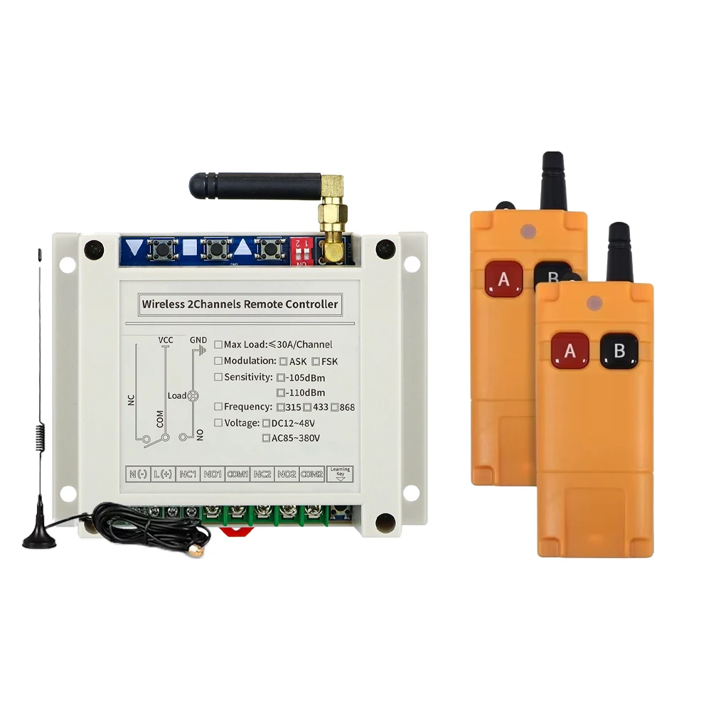 433MHz 2CH Wireless RF Remote Control Switch Long Range 30A Relay ...