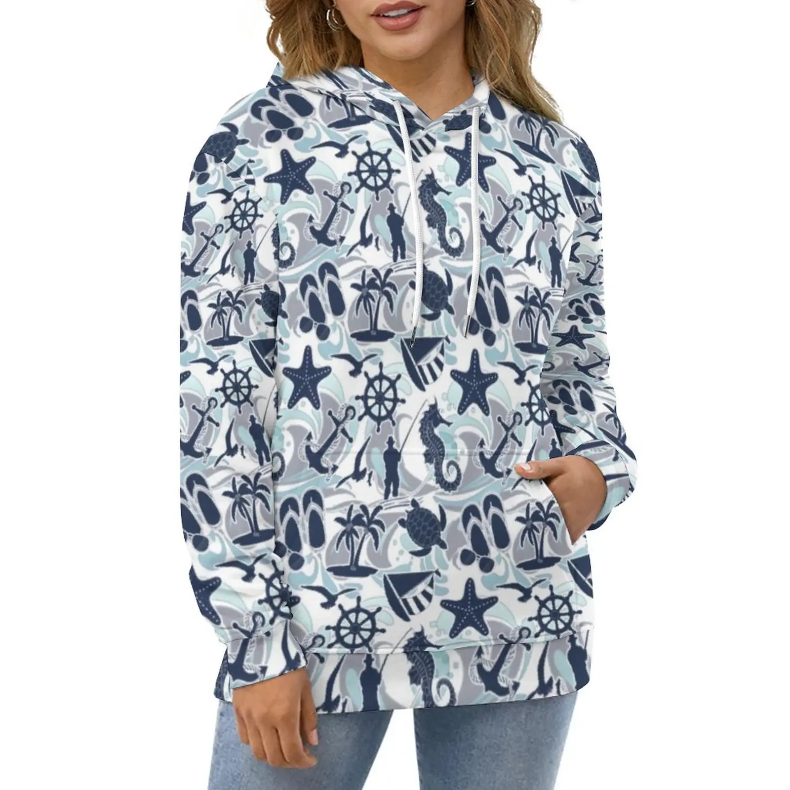 

Nautical Beach Hoodies Autumn Seaside Ocean Print Streetwear Oversize Pullover Hoodie Long Sleeve Y2k Design Casual Sweatshirts