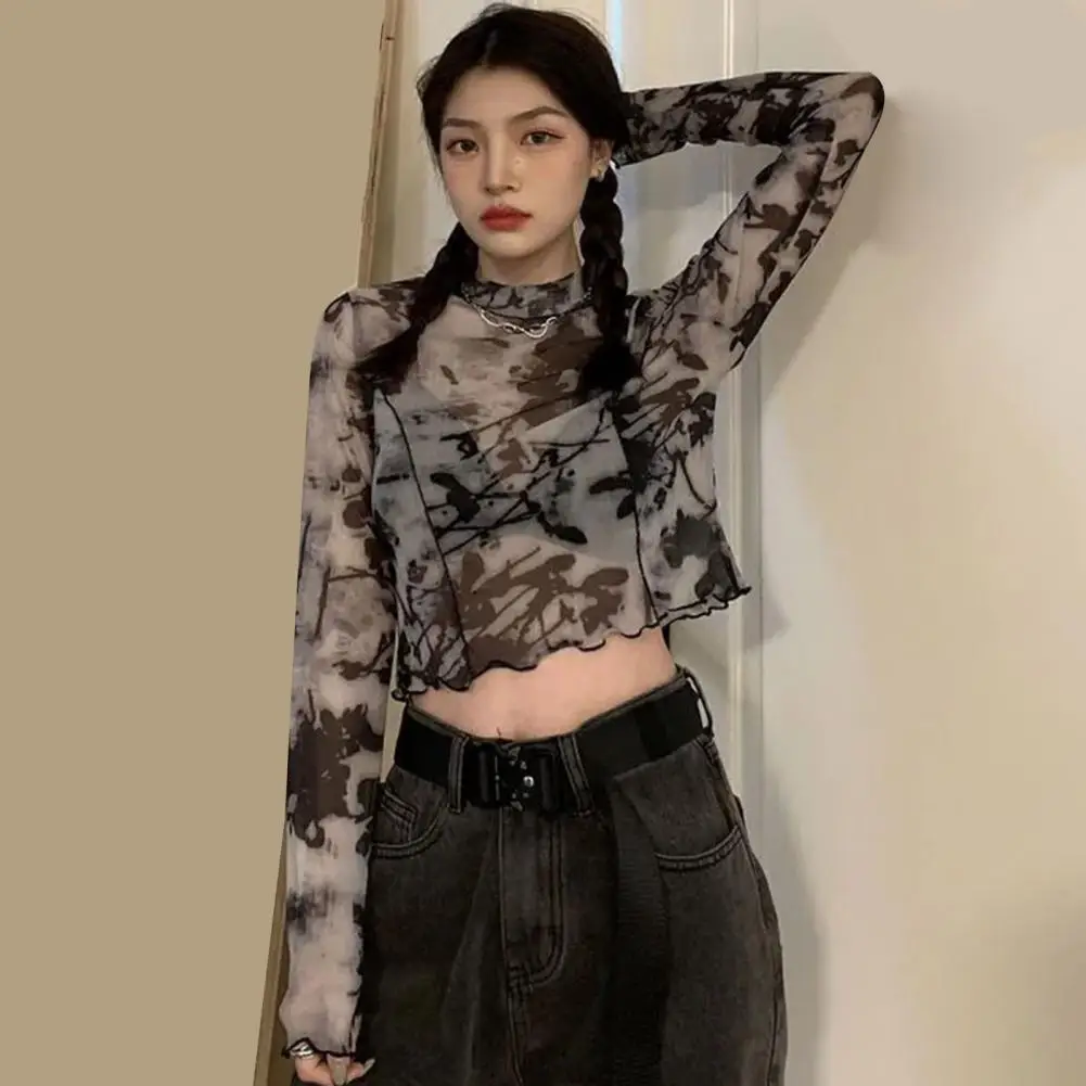 

Pullover Top Tie Dye Print Sexy Top Perspective Women Thin Pullover Blouse