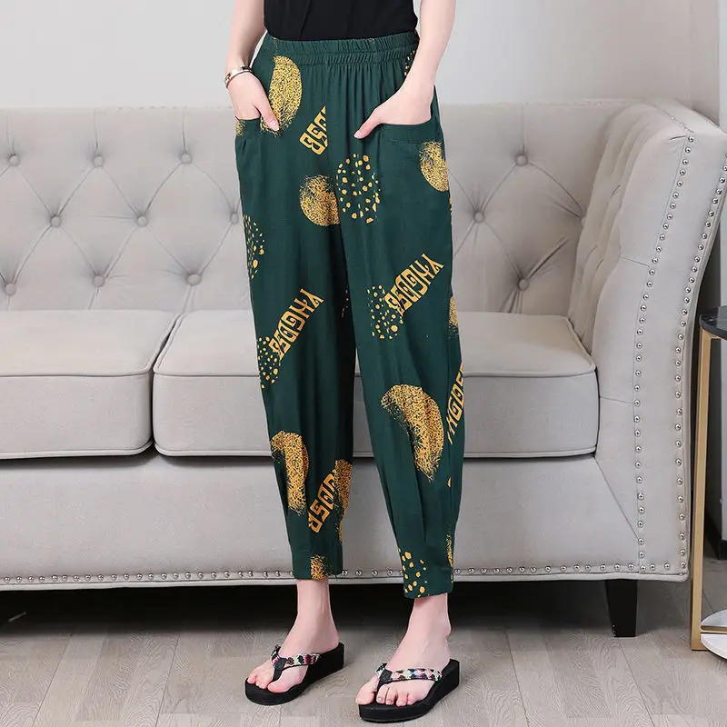 2023 New Summer Retro Art High Waist Printed Bloomers Fashion Thin Oversize Loose Casual Versatile Nine Cent Harem Pants