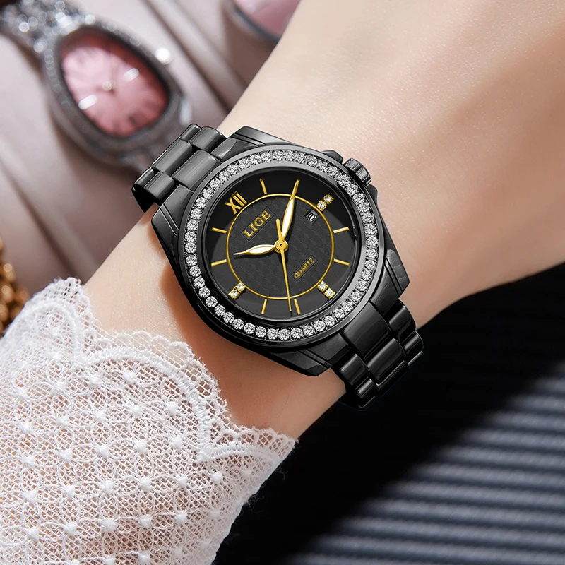 LIGE 2026 New Luxury Black Ceramic Watch Women Fashion Waterproof Luminous Women's Quartz Wristwatch Casual Quartz Chronograph