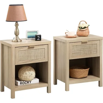 Rattan Farmhouse Nightstands, Set of 2 1