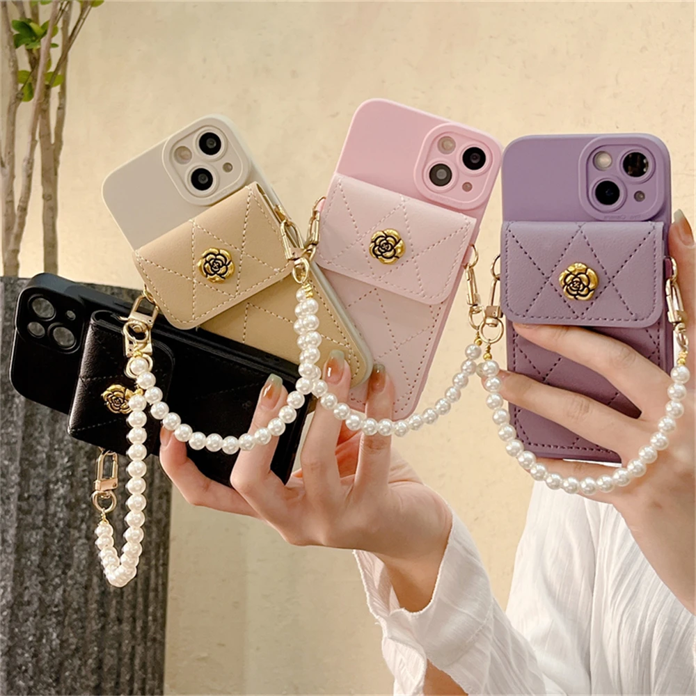 Korea 3D Kamelie Blume Karte Tasche Perle Kette Silikon Weiche Fall Für iPhone 16 15 14 Pro Max 13 12 11 X XR 8 Plus Stoßfest Abdeckung_voghion.com