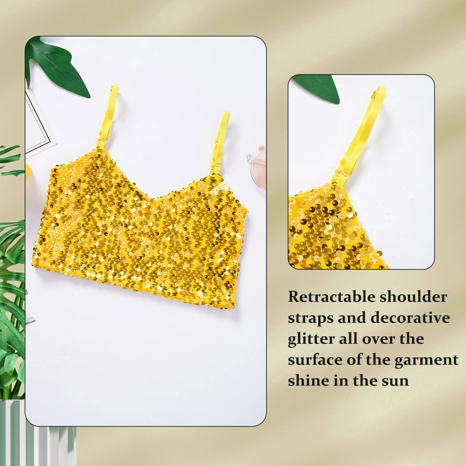 Kids Girls Shiny Sequins Crop Top Sleeveless V Neckline Adjustable Spaghetti Shoulder Straps Tank Tops for Latin Jazz Dancing