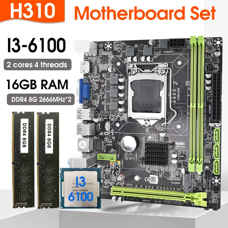 H310B Motherboard Lga 1151 Kit DDR4 2PCS*8GB=16GB RAM and I3 6100 3 ...