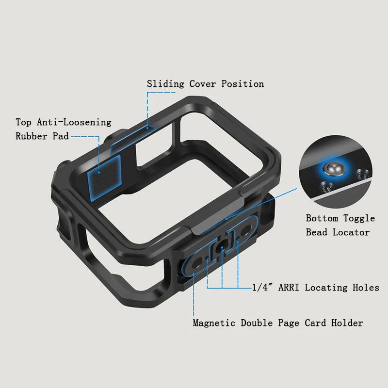 Kit B de la cage GoPro en aluminium, montrant les différentes pièces et accessoires inclus.