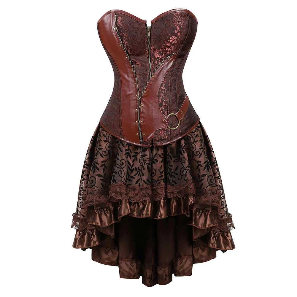 Gothic Sexy Women Steampunk Corset Dress Vintage Corset Overbust Leather Bustier Top With Asymmetric Floral Skirt Pirate Costume