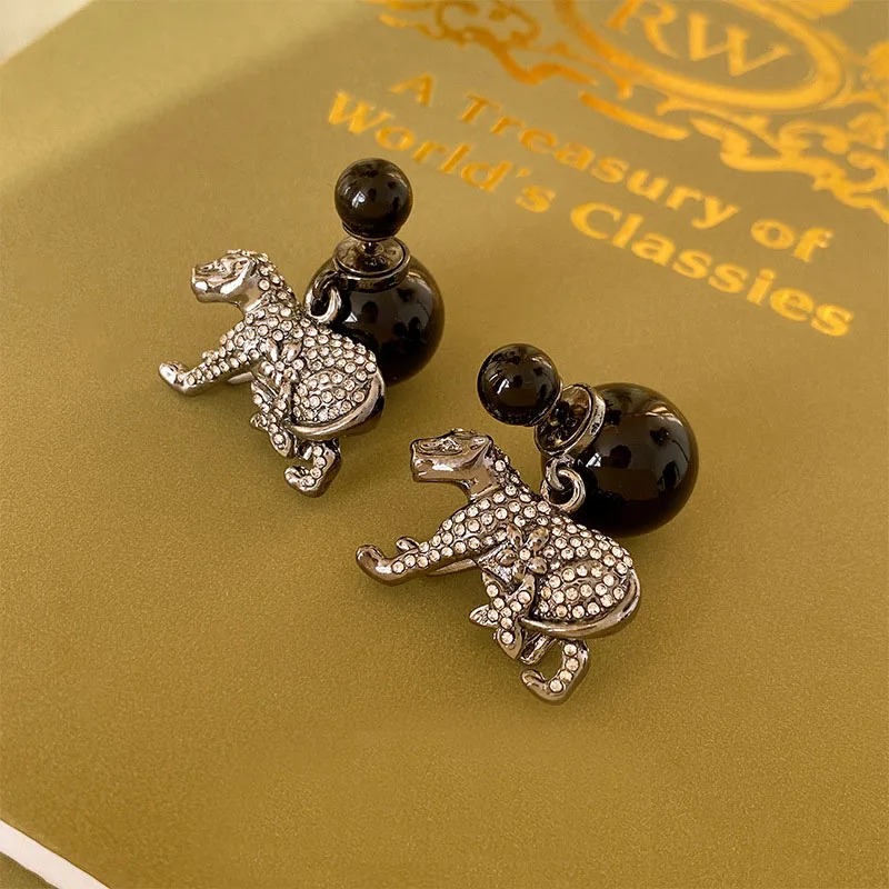S3391 Rhinestone Leopard Dangle Earrings S925 Silver Needle For Women Ball Beads Stud Earrings