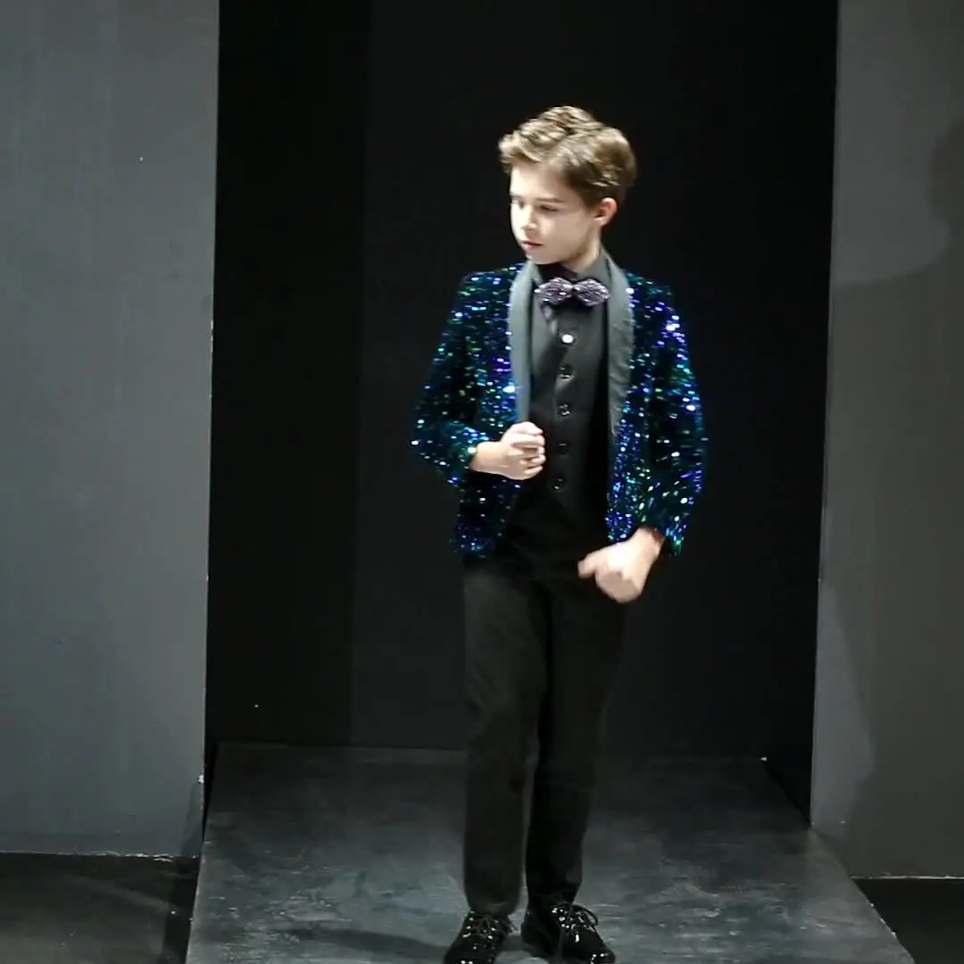 Children handsome British style stage performances host dresses suit set boys Sequins blazer shirt pants bowtie clothing set