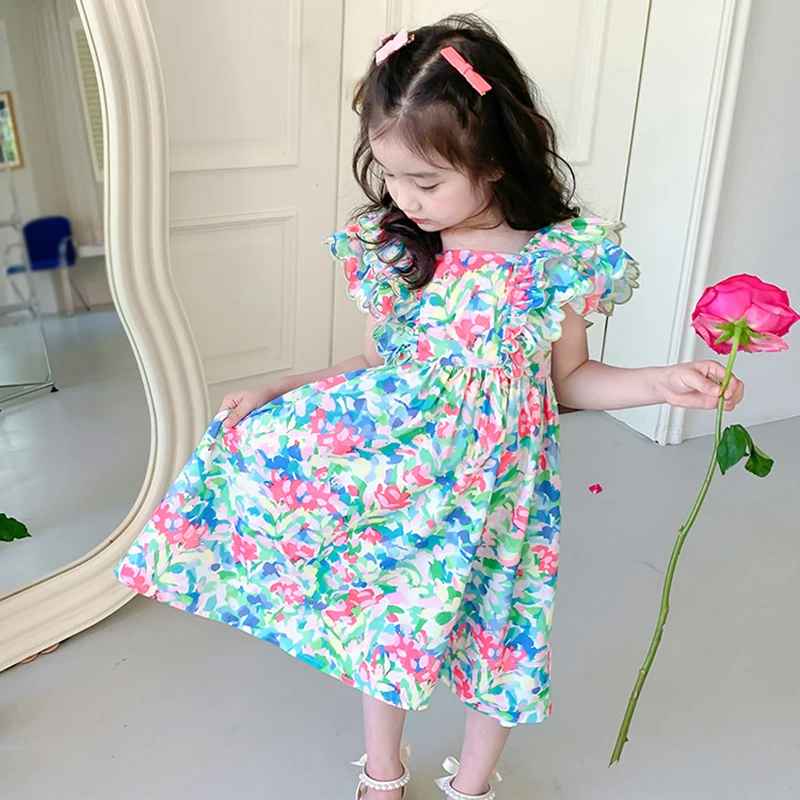 Girls Dress Summer Kid Foral Print Ruffles Square Neck Princess Style Fashion Casual Breathable Picnic Costume girls dress princess costume kids clothes