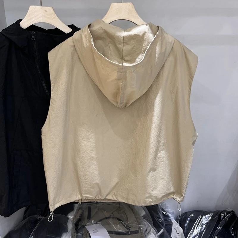 Large size design, diagonal zipper, sleeveless hooded vest, men's and women's loose and thin summer ruffled  jacket