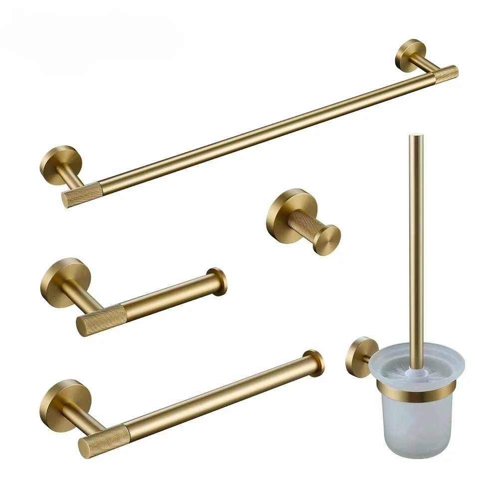 Bathroom Hardware Accessories Brushed Gold Knurled Brass Kit Towel Bar Ring Robe Hook Paper Holder Towel Ring Toilet Brush bathroom hardware set bathroom hardware accessories
