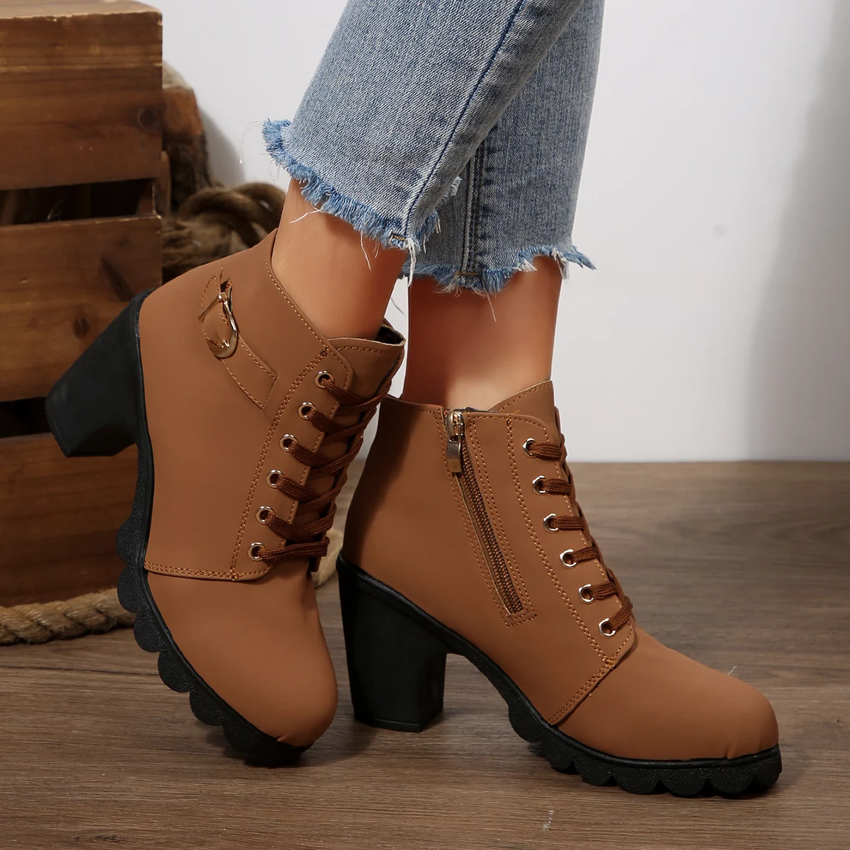 Women's Black Leather Chunky Heel Ankle Boots with Wide Buckle and Side Zipper