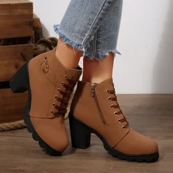Women's Black Leather Chunky Heel Ankle Boots with Wide Buckle and Side Zipper - 38 (Brown)