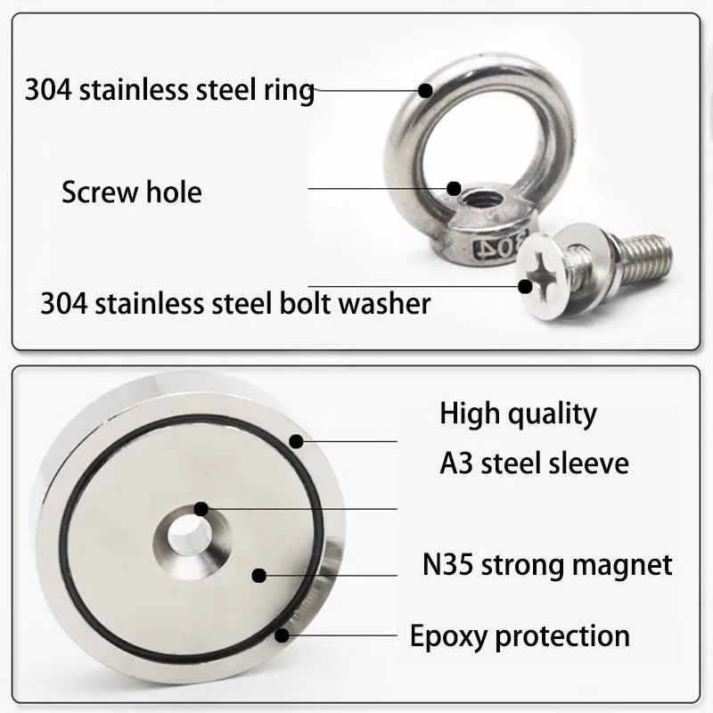 D60 Strong Fishing Magnet Neodymium Search Magnets with Countersunk Hole Eyebolt for Salvage Magnetic Pot Fishing