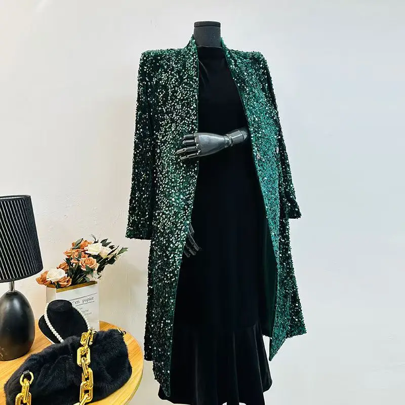 Autumn Winter blackish green velvet Shiny long coat women Stand collar Versatile noble temperament slim fit lady coat Trend