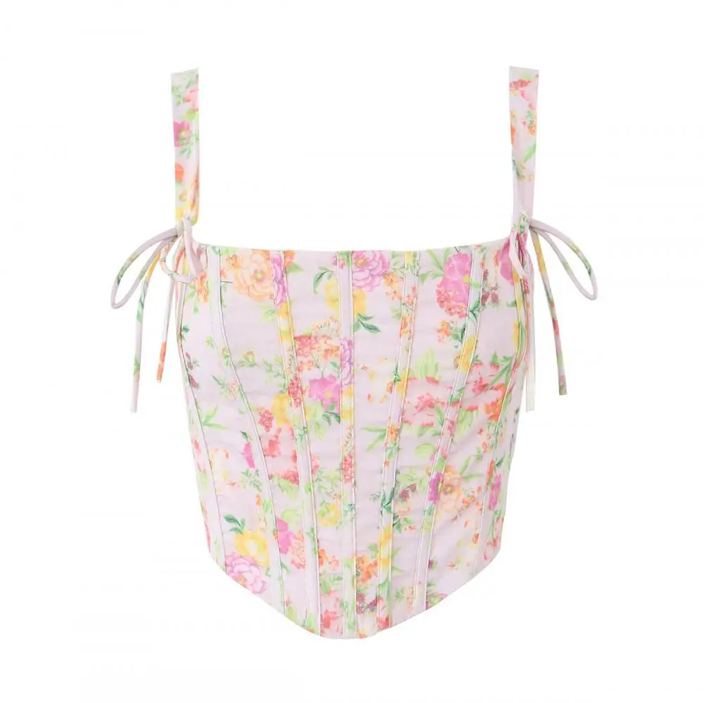 

Корсет с цветочным принтом, укороченные топы без рукавов, облегающие топы с лямкой через шею и трехмерными ремешками для киля, летняя Милая майка для девушек