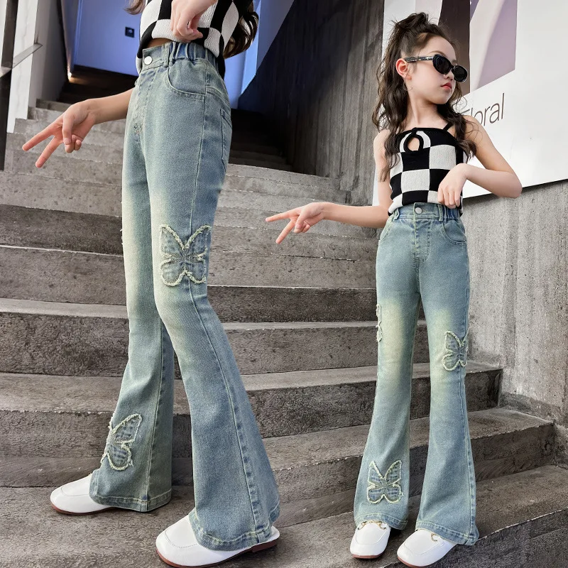 

girls jeans wide leg pants spring denim trousers rhinestone butterfly bell bottoms vintage capris kids clothes 6 to 16 years