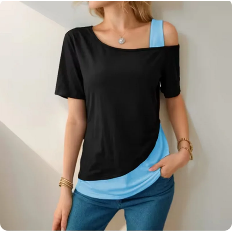 Trend Asymmetrische T-Shirt Weibliche Farbe Block Off Schulter Top Sommer Lose Beiläufige Kurzarm Solide Farben T – Detail 2