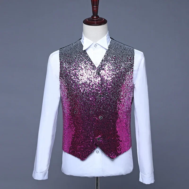 #4866 Gradient Color Sequins Vests Men Shinny Vests Male Dance Stage Singer For Men Slim Men's Vest Sleeveless Vest Male