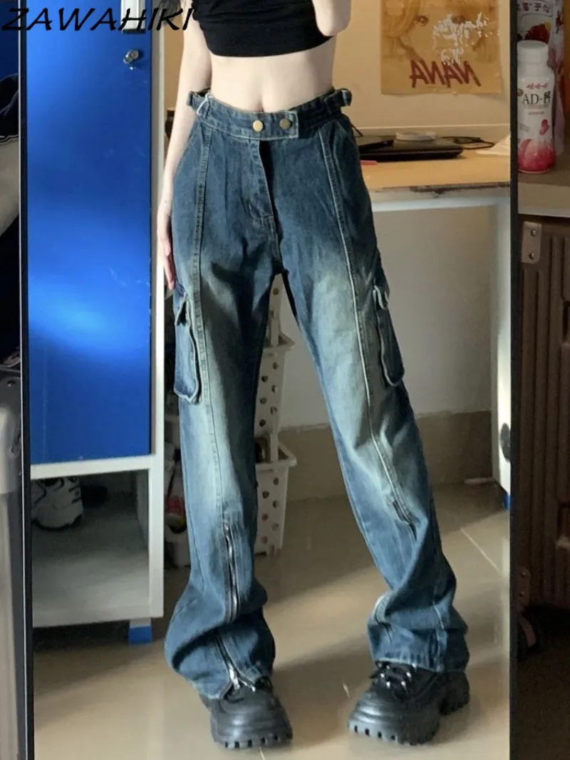 

American Retro Straight Casual Wide Leg Cargo Pants Women Spring Autumn High Waist Loose Designed Y2K Aesthetic High Waist Jeans