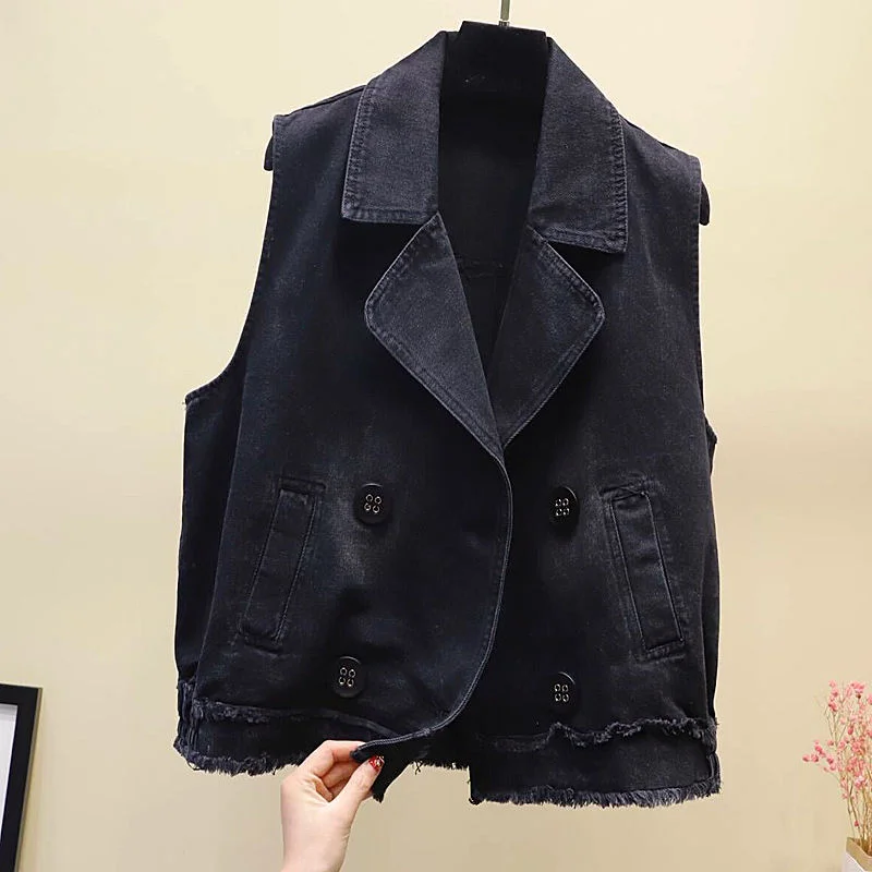 2023 New Spring  Autumn Denim Women Vests New Fashion Casual Loose Leisure Short Black Waistcoat Top Coat Women Fashion Ins