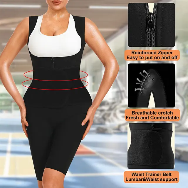 Sauna Suits for Women Full Body Waist Trainer Vest Workout Jumpsuits Slimming Body Shaper with Zipper and Breathable Crotch 2