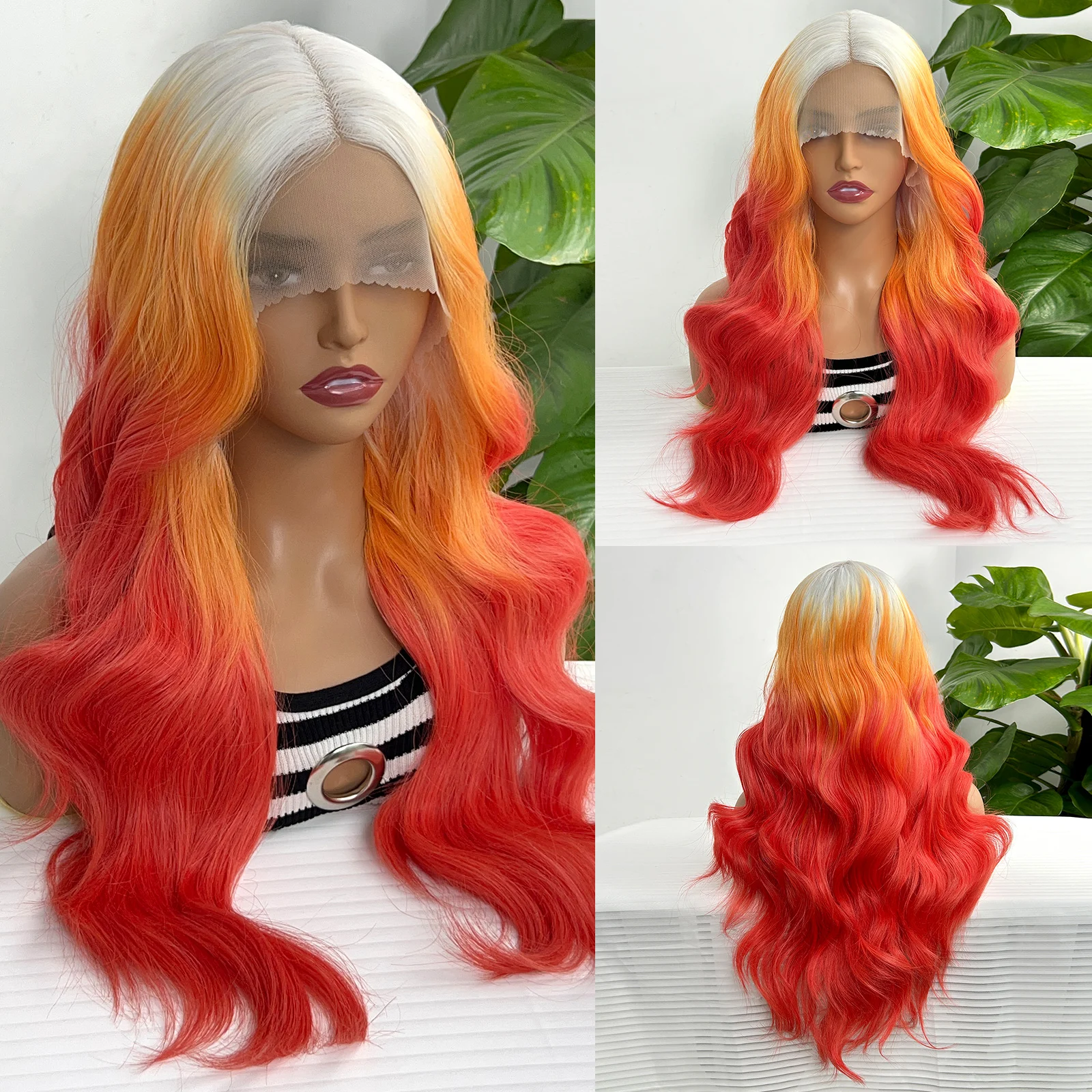 Synthetic Gradient Wavy Hair Wig 13x4x1 Lace Front 3 Tone Color Gradient Wig T-part Lace 28 Inches Body Wave White Roots