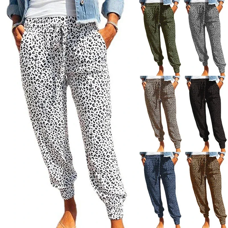 Women's Leopard Print Lace Up Casual Pants, Loose Leggings, European and American, Summer, New, 2023