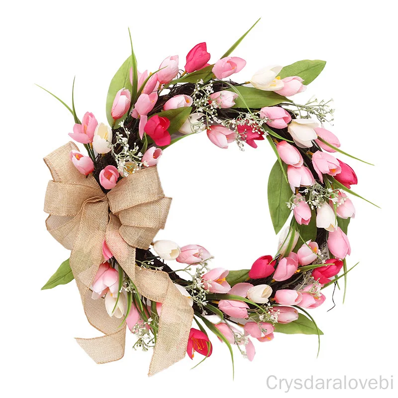 

Artificial Tulip Wreath Door Hanging Sign Valentine's Day Happy Easter Wall Decor Spring Garland Weeding Festival Room Ornament