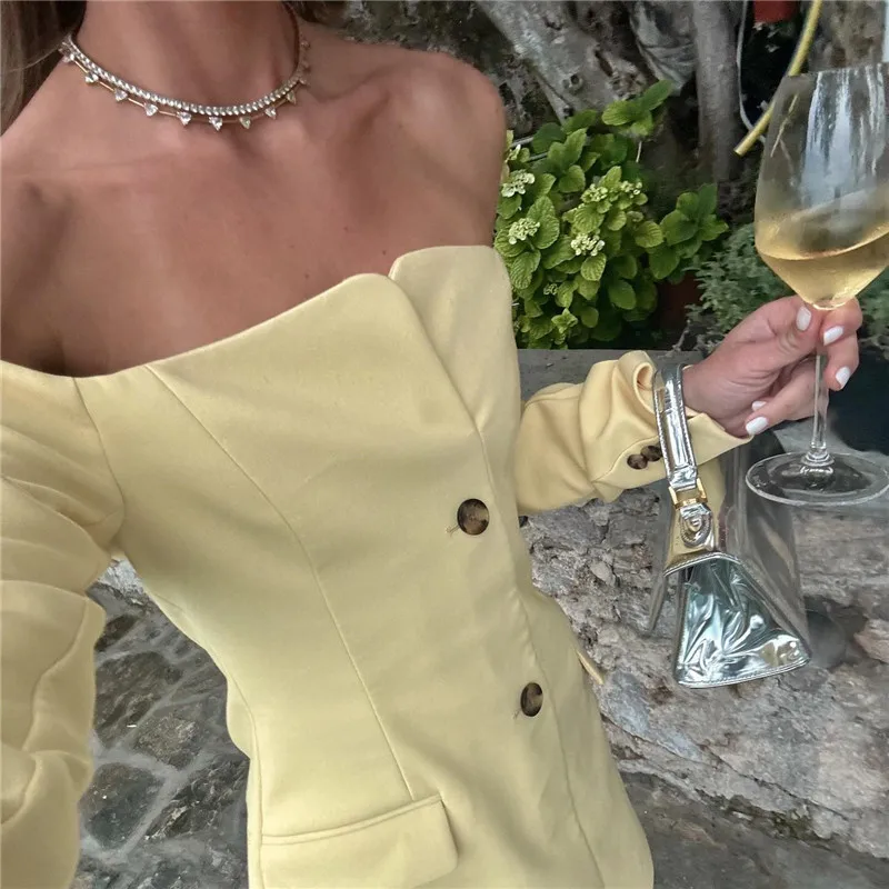 Off-shoulder Strapless Sexy Blazer Dress For Women Fashion Solid Zipper Two Pocket Long Sleeve Backless Mini Dress