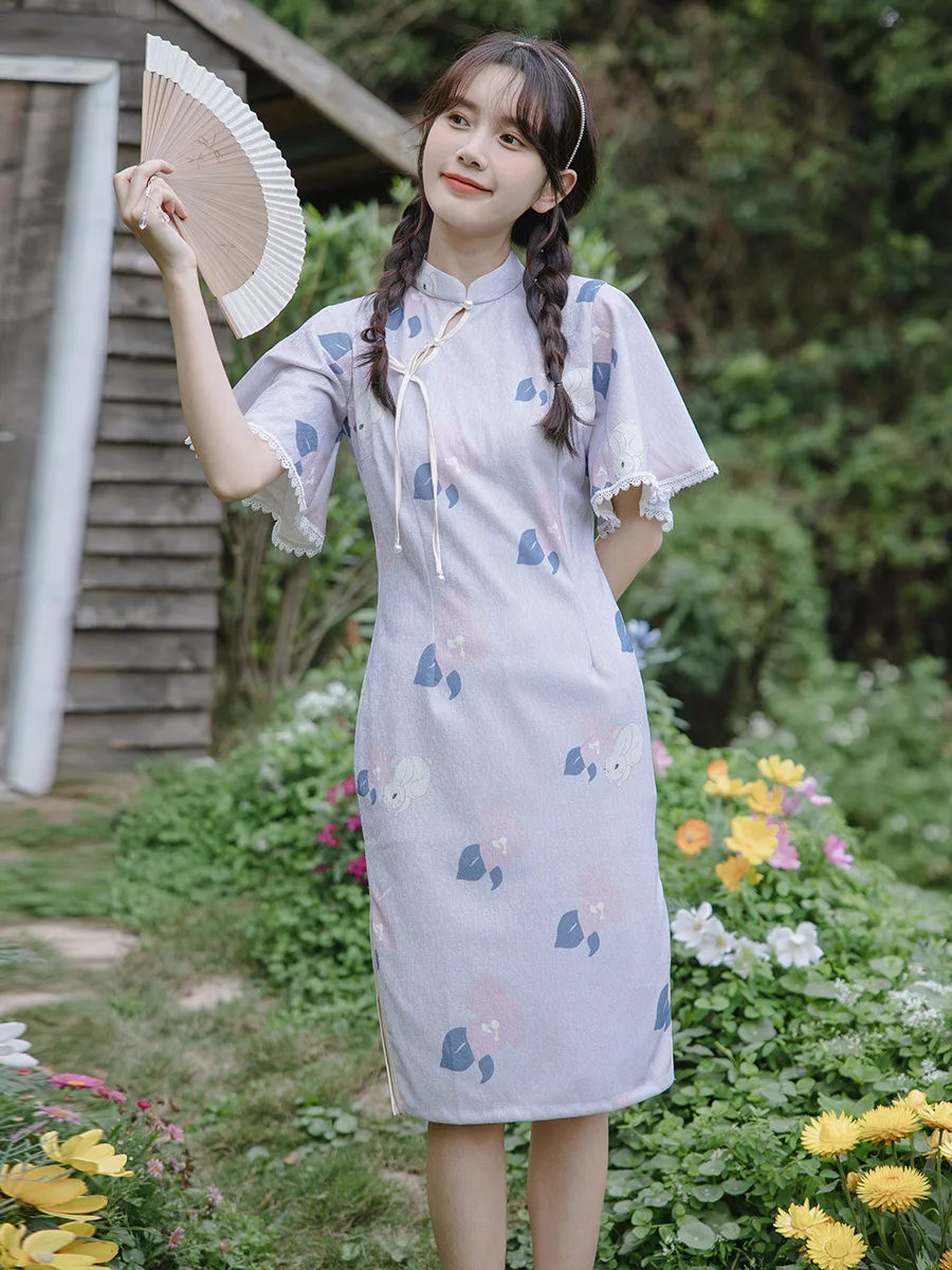 

Artistic Fresh Purple Young Cheongsam with Large Sleeves for Dress Women 2023 Summer New Improved Retro Dresses Woman