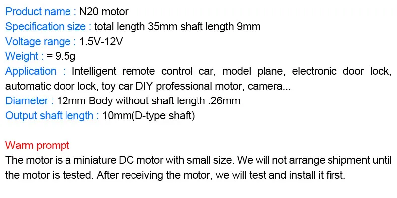 Description Picture 3 of item12GA-N20 Miniature DC Metal Gear Motor 3V 6V 12V Low RPM High Torque 4WD Car Electric Screwdriver Door Lock Motor