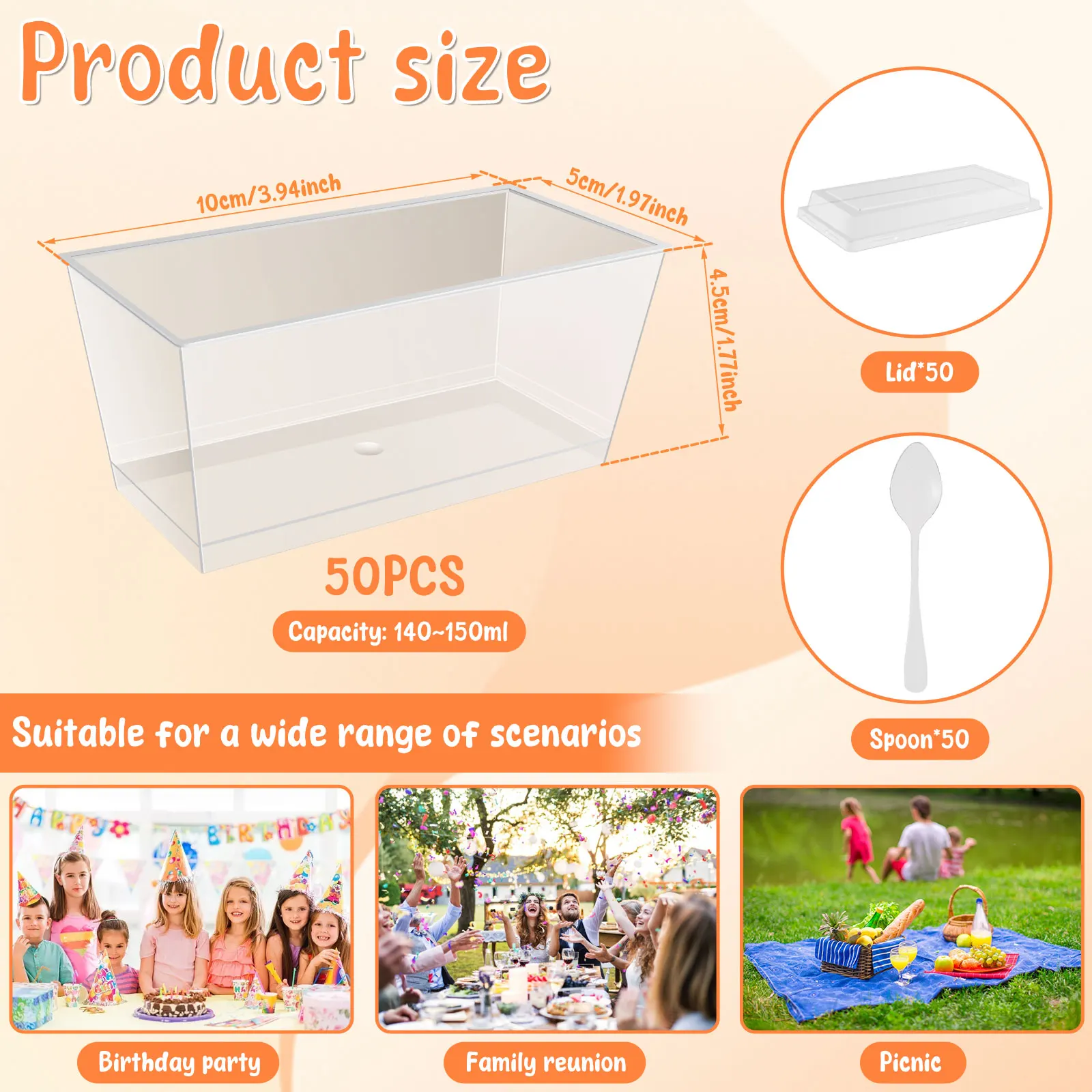 50 Pcs Dessert Cups with Lids and Spoons Clear Parfait Cups Reusable Appetizer Cups Plastic Serving Bowls Rectangle Pudding Cups